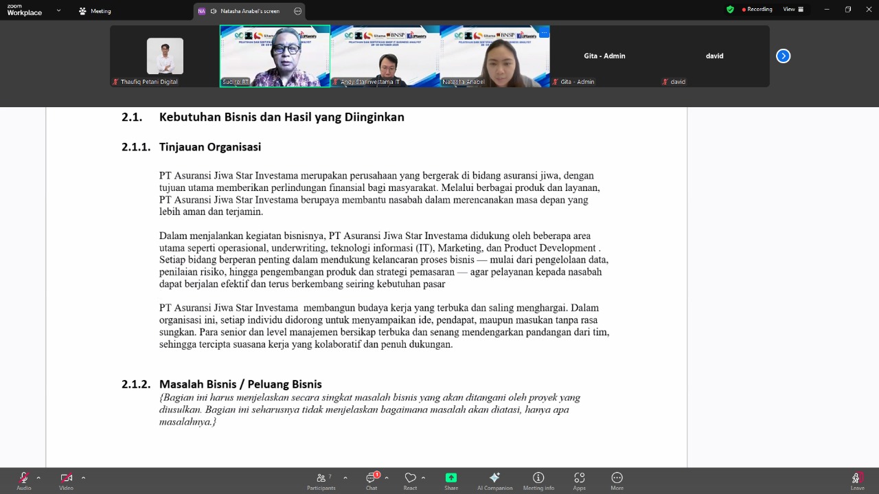 Pelatihan dan Sertifikasi IT Business Analyst – 28–29 Oktober 2025 PT. Asuransi Jiwa Starinvestama