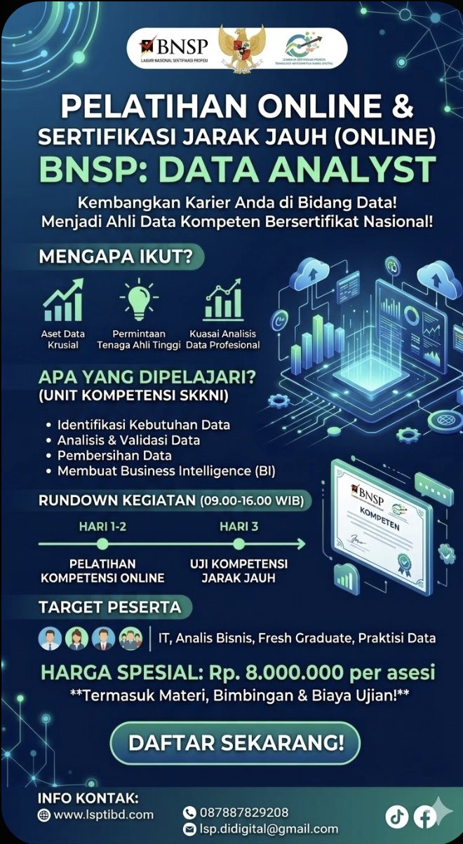 The Elite Data Analyst: Program Sertifikasi Jarak Jauh (Online) Terpadu BNSP