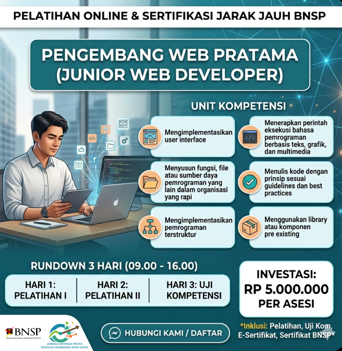 Pelatihan Online & Sertifikasi Jarak Jauh (Online) BNSP PENGEMBANG WEB PRATAMA (JUNIOR WEB DEVELOPER)